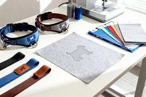 Pet collars and material samples at a quality-control workbench